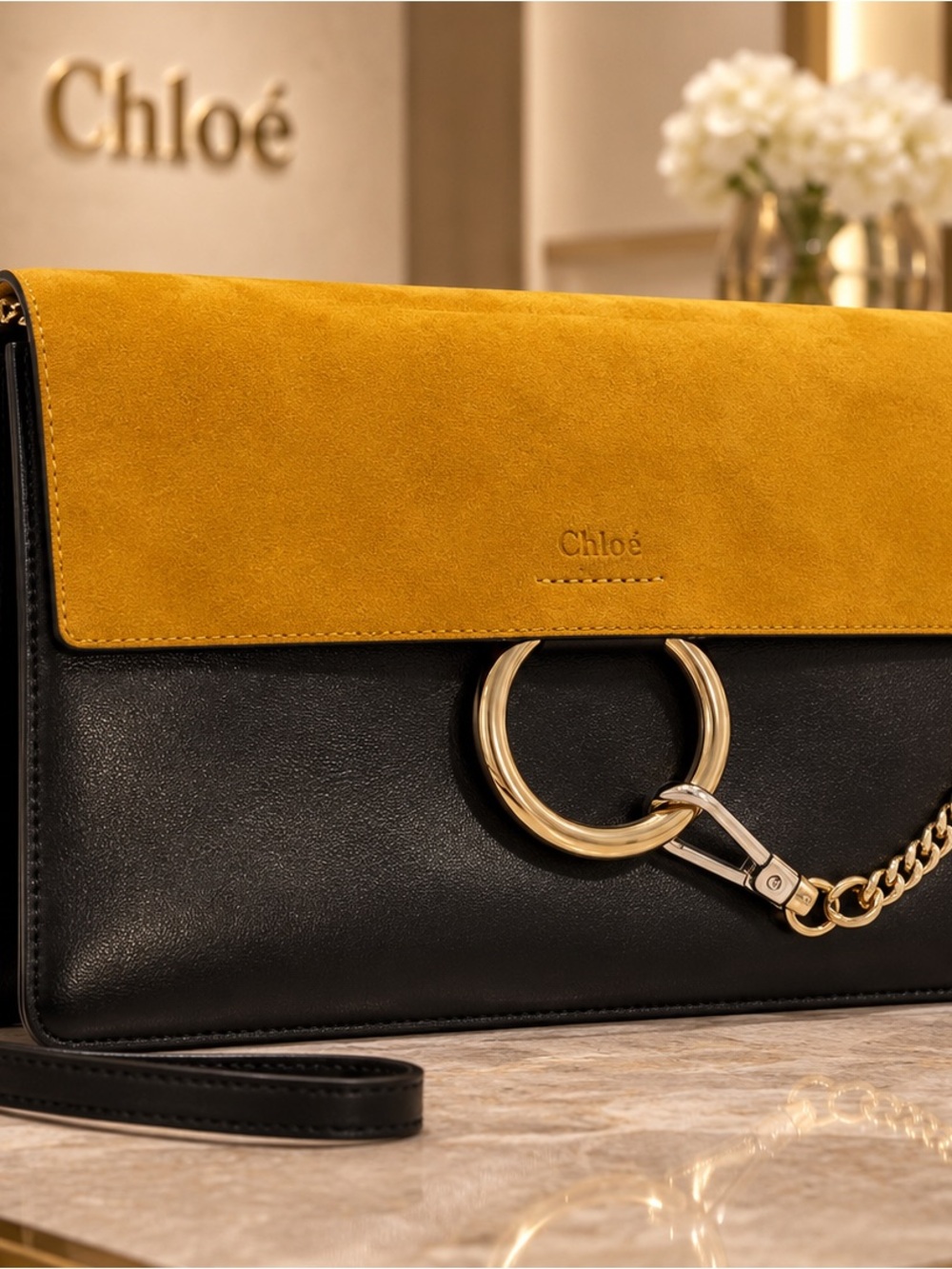 Chloe Faye Medium Dark Navy Leather Mustard Suede Flap Gold Hardware
